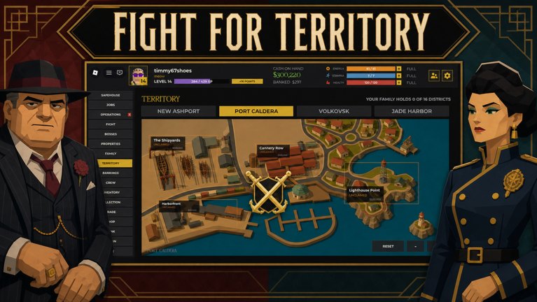 Idle Mafia Game Fight for Territory map of Port Caldera